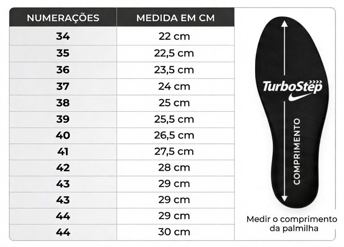 Tabela de tamanhos do tênis
